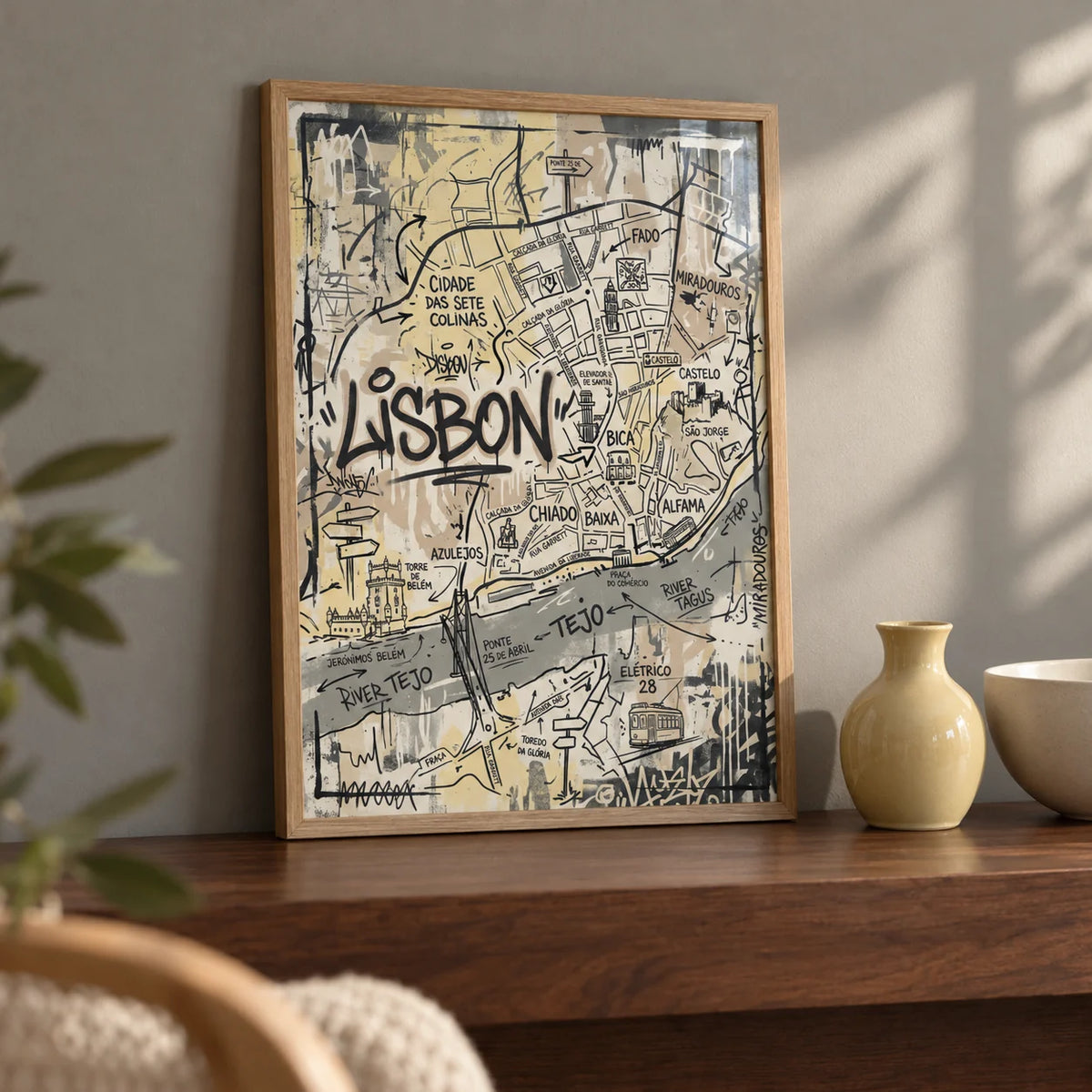 Lisbon Map Art Print, a small A4 framed print leaning on a walnut shelf in a living room