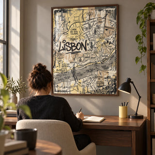 Lisbon Map Art Print, framed on the wall of a small home study for a city traveller aged 25-50 with a warm grey wall