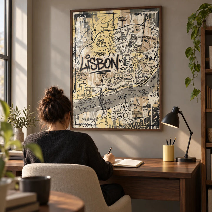 Lisbon Map Art Print, framed on the wall of a small home study for a city traveller aged 25-50 with a warm grey wall