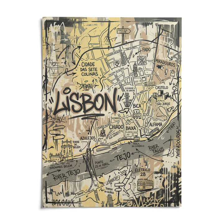 Lisbon Map Art Print, shown as an unframed paper print on a plain white background