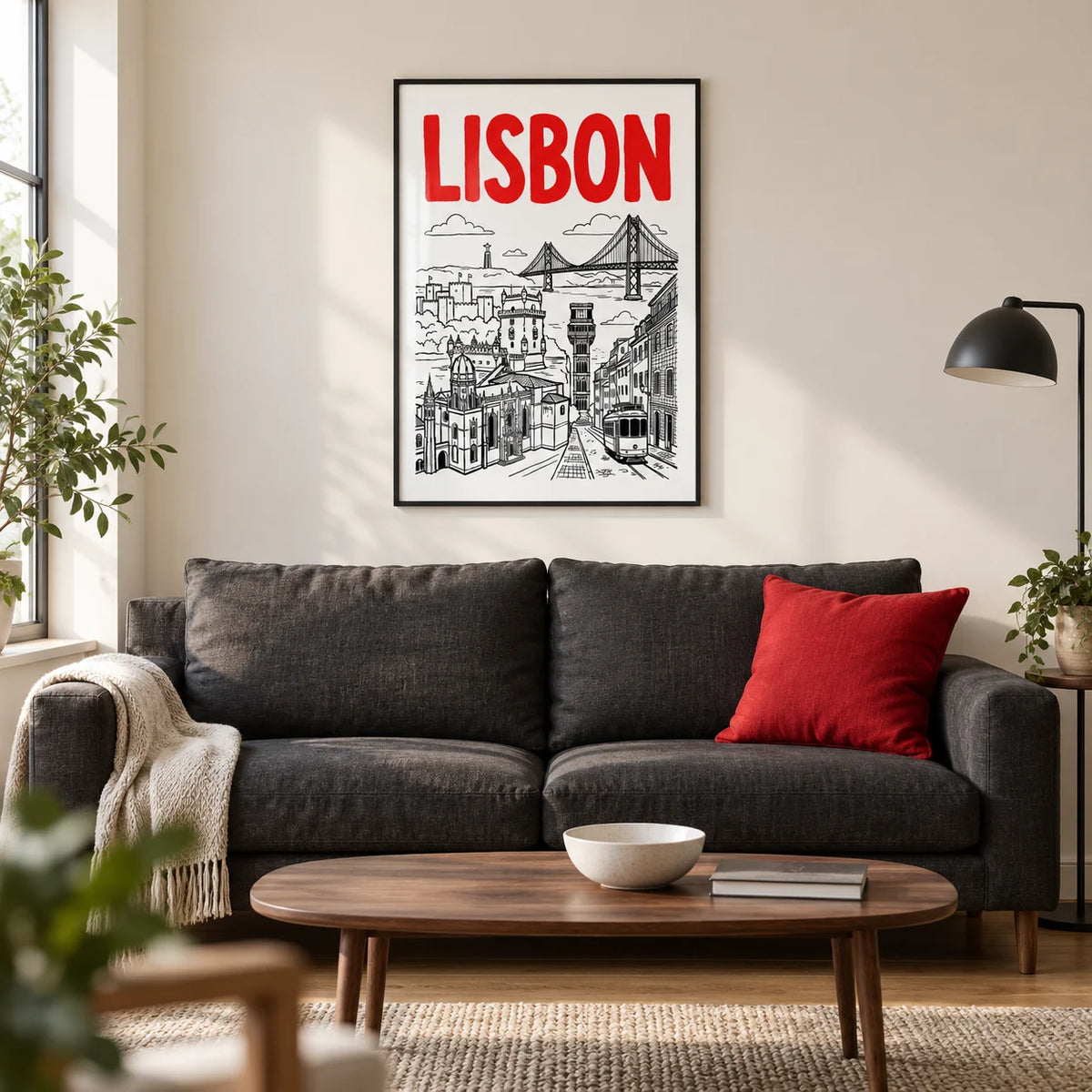 Lisbon Travel Art, framed on the wall of a bright modern living room in a UK city flat with a warm white wall and an oak floor