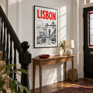Lisbon Travel Art, framed on the wall of a characterful entrance hallway in a UK Victorian terrace with white walls