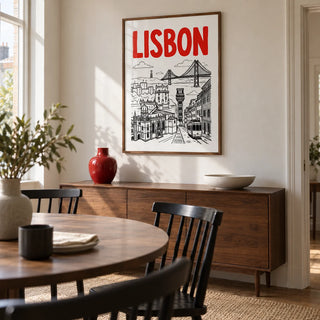 Lisbon Travel Art, framed on the wall of a compact dining room in a renovated UK terrace with pale plaster walls