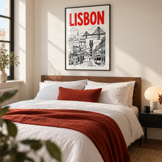 Lisbon Travel Art, framed on the wall of a crisp city bedroom in a UK first home for a couple aged 25-35 with a warm white wall