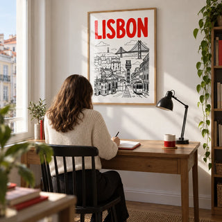 Lisbon Travel Art, framed on the wall of a modern home study for a travel-loving adult in a UK flat with a soft white wall
