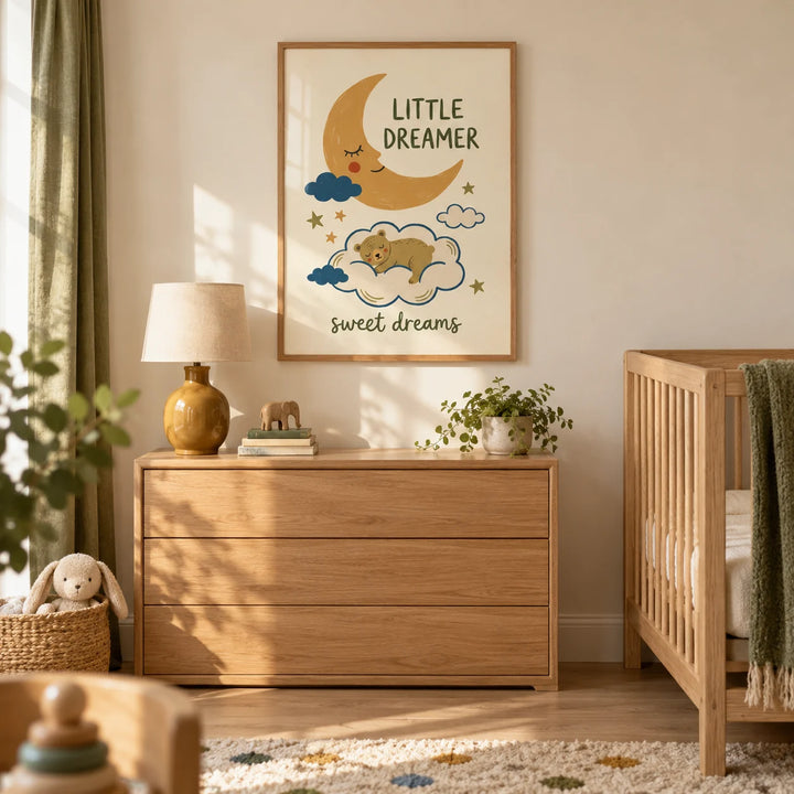 Little Dreamer Wall Art, framed on the wall of a calm nursery in a British family home with warm cream walls and pale oak floorboards