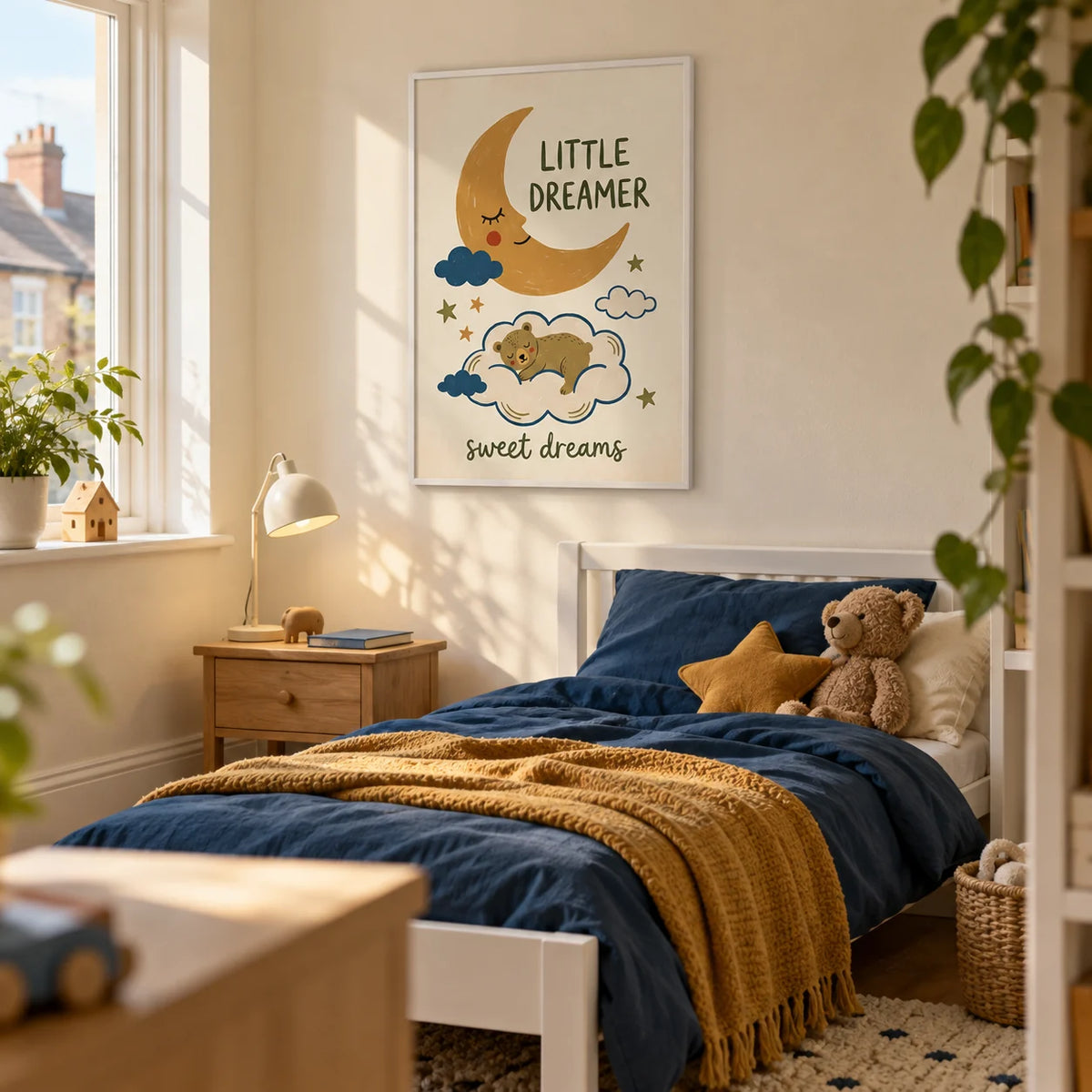 Little Dreamer Wall Art, framed on the wall of a cosy young child's bedroom in a terraced family home with a pale cream wall