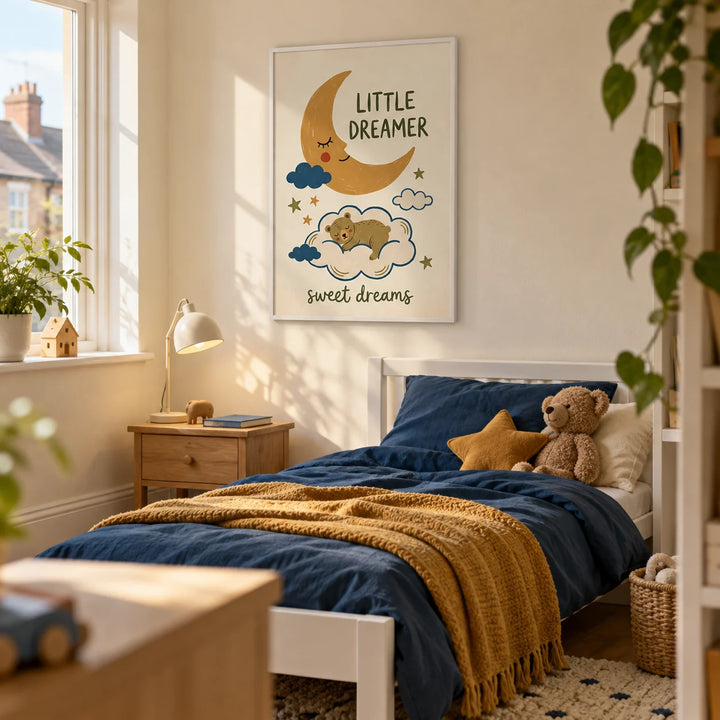 Little Dreamer Wall Art, framed on the wall of a cosy young child's bedroom in a terraced family home with a pale cream wall