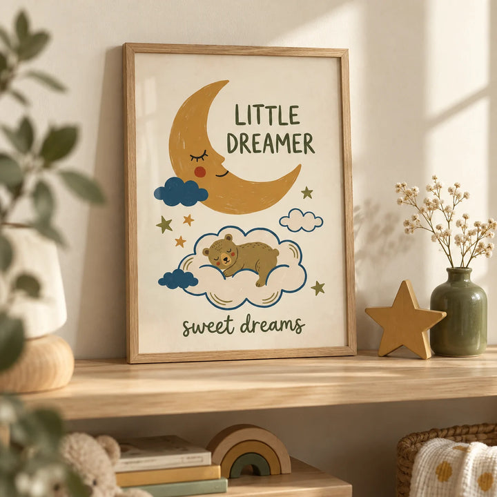 Little Dreamer Wall Art, a small A4 framed print leaning on a pale oak nursery shelf