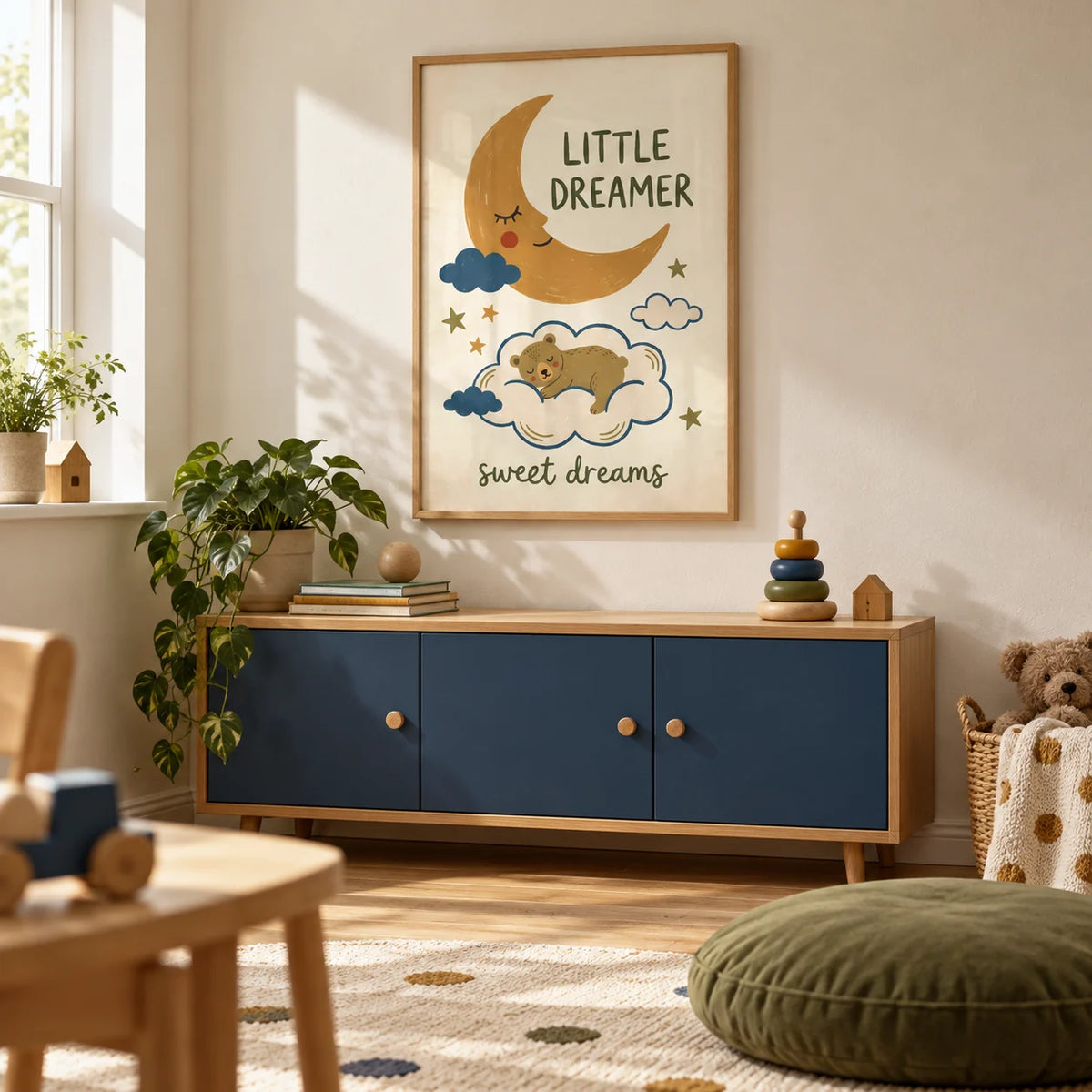 Little Dreamer Wall Art, framed on the wall of a tidy children's playroom in a UK family house with a cream plaster wall