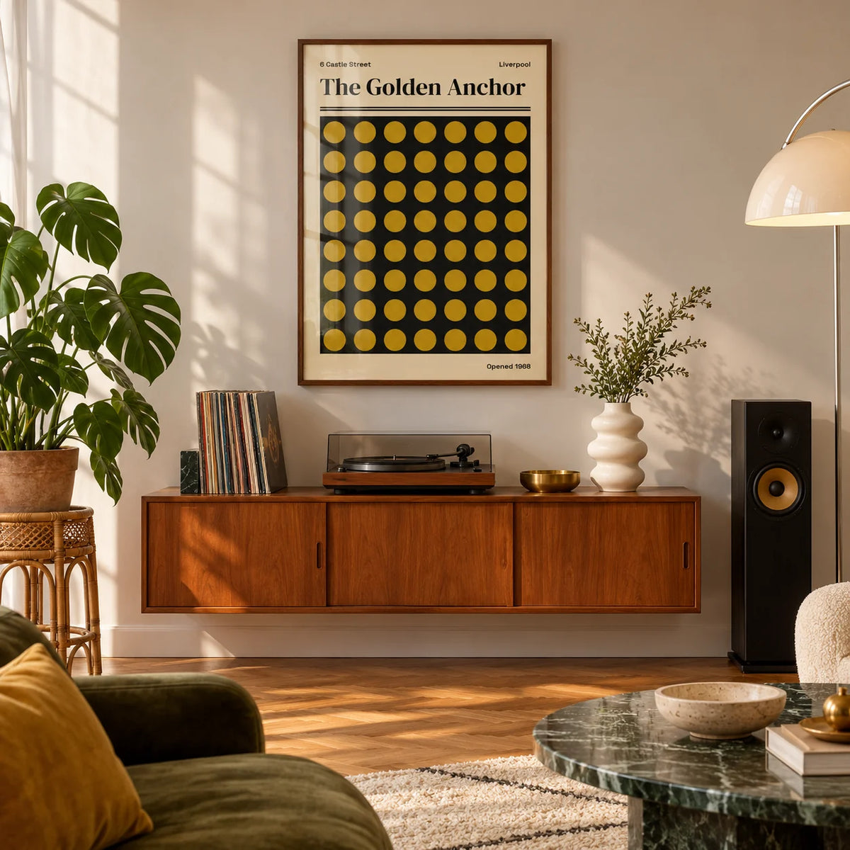 Liverpool Print, framed on the wall of a living room with herringbone parquet