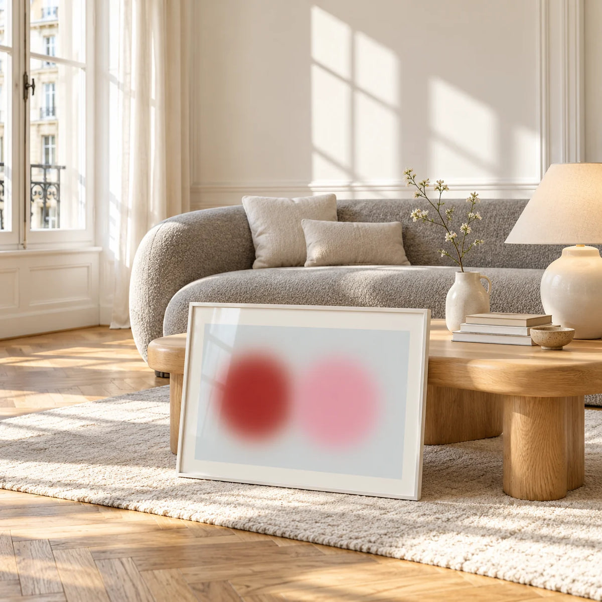 Red and Pink Circles Print, framed and leaning against a coffee table in a bright living room