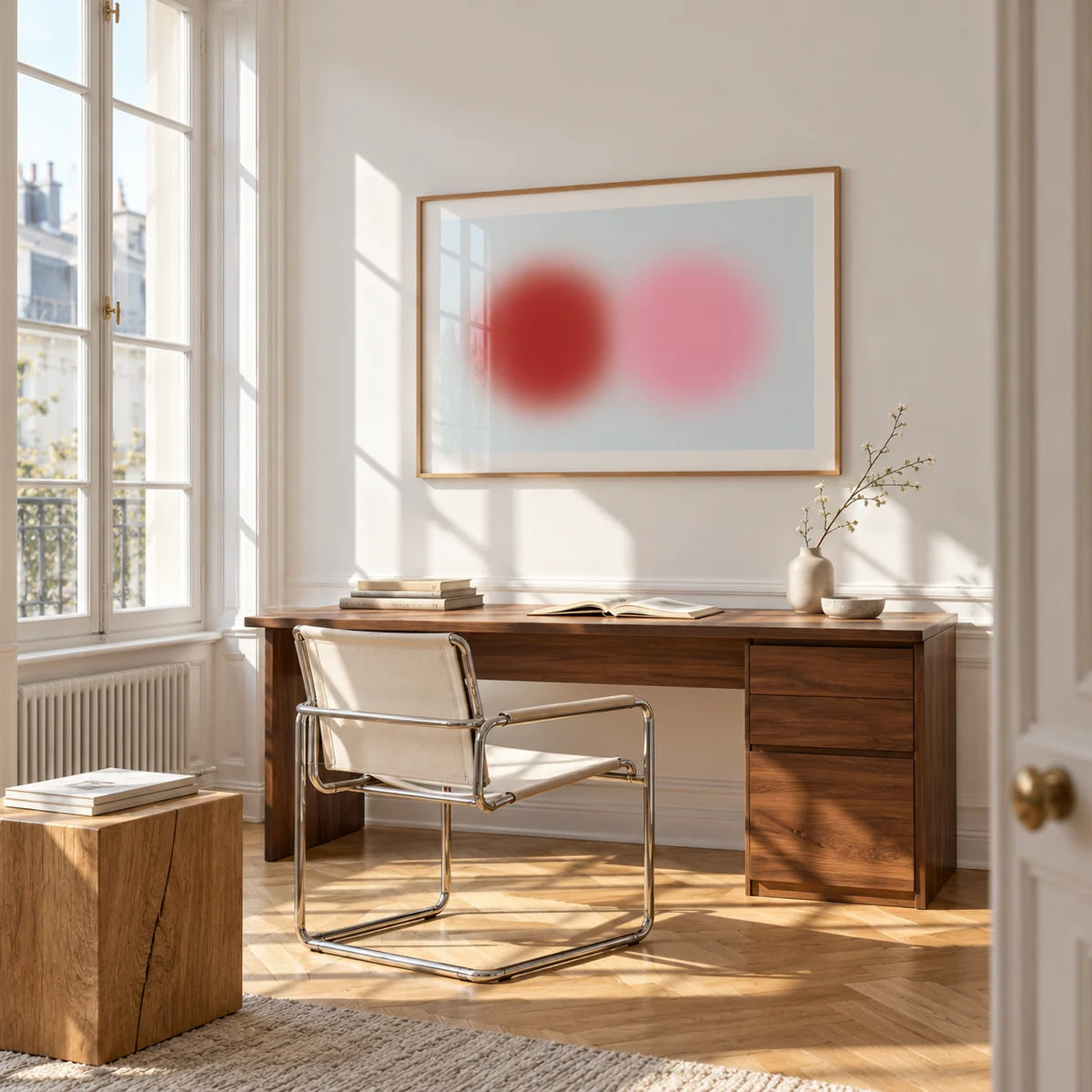 Red and Pink Circles Print, framed on the wall of a bright study corner with a tall white paned window