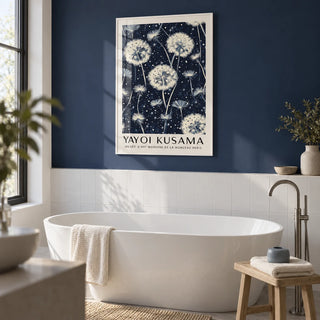 Living Room Prints, framed on the wall of a calm contemporary bathroom with a navy painted wall above plain white tiles
