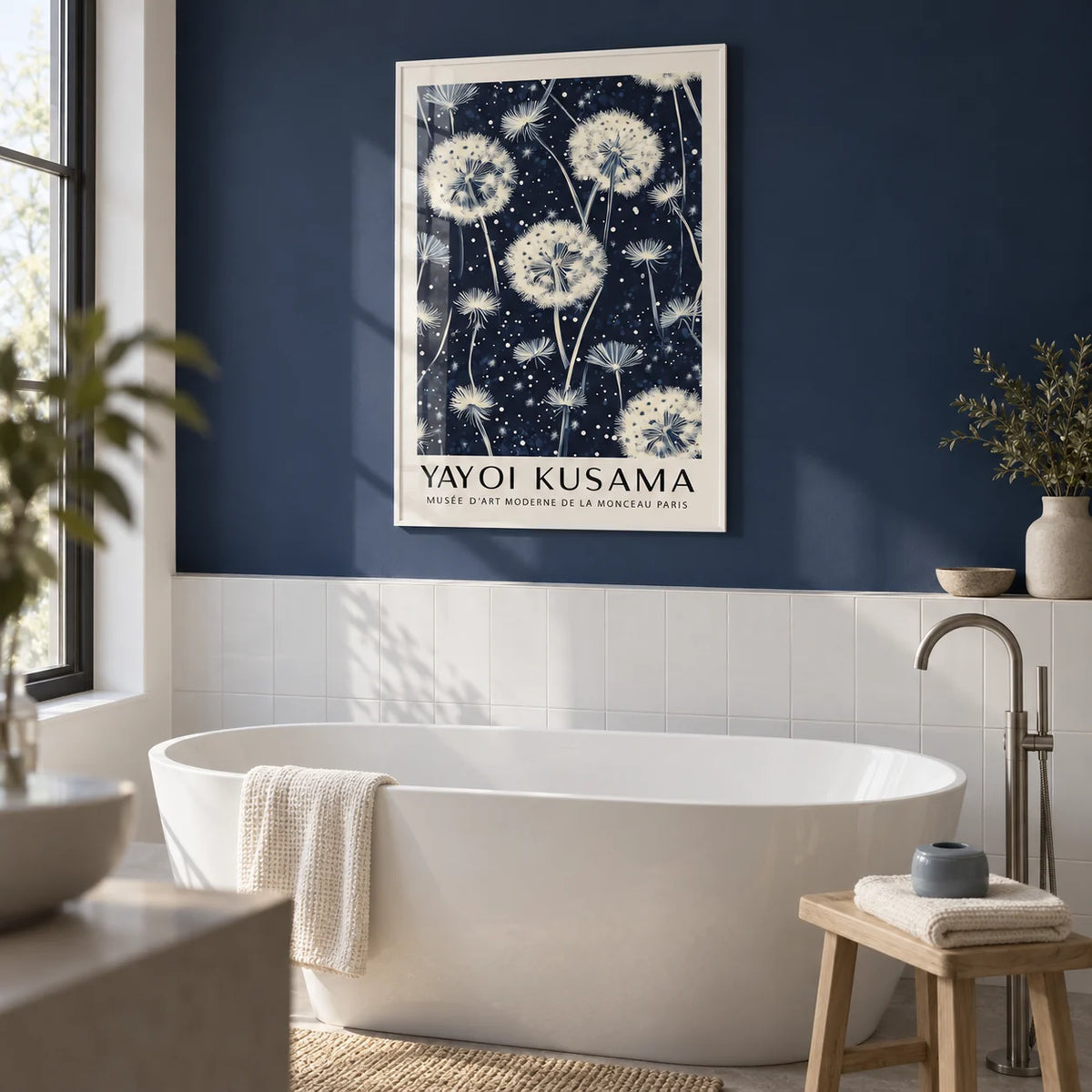 Living Room Prints, framed on the wall of a calm contemporary bathroom with a navy painted wall above plain white tiles