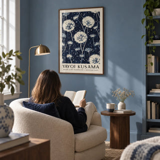 Living Room Prints, framed on the wall of a quiet reading corner in a contemporary UK flat with a muted blue wall