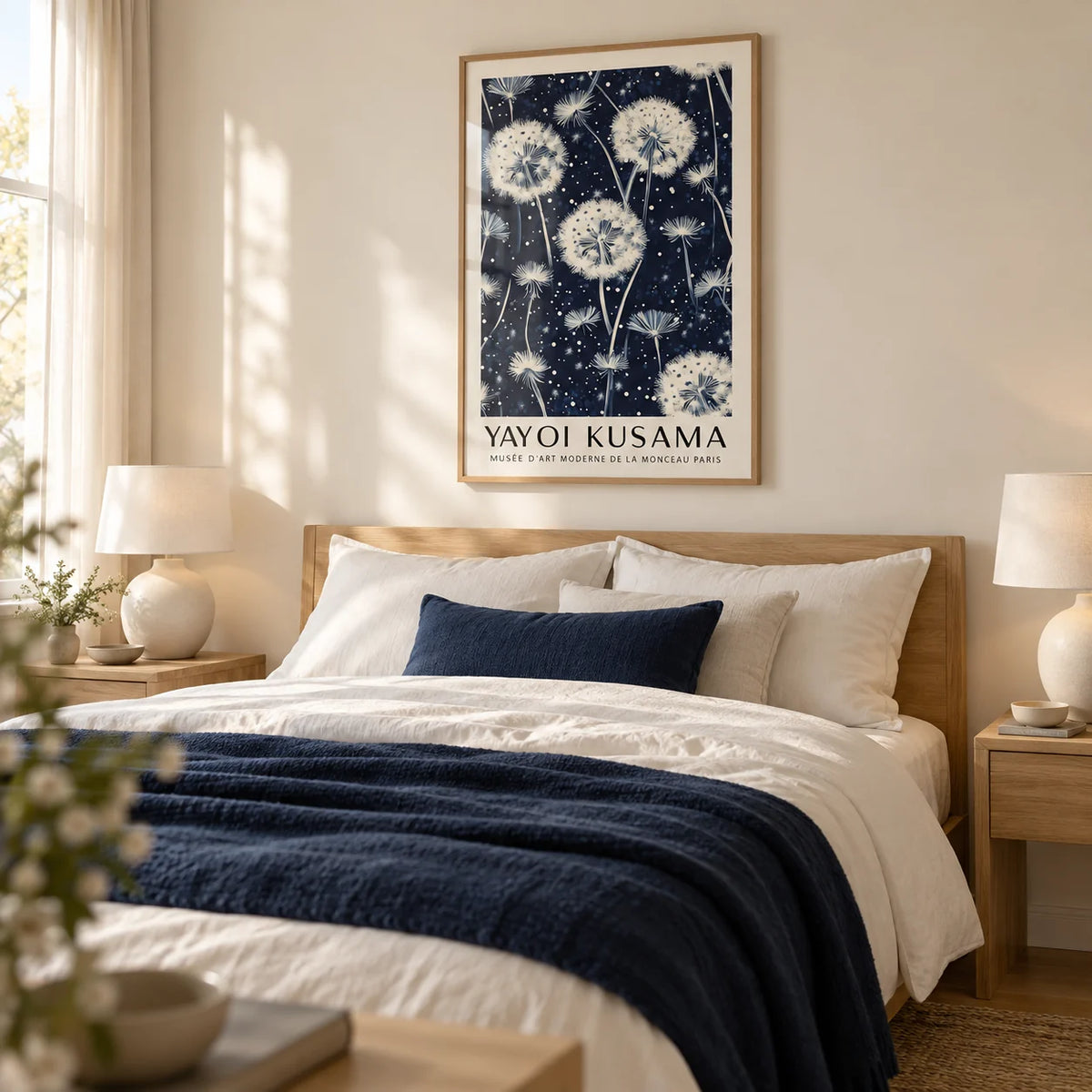 Living Room Prints, framed on the wall of a restful bedroom with a warm cream wall and pale oak furniture