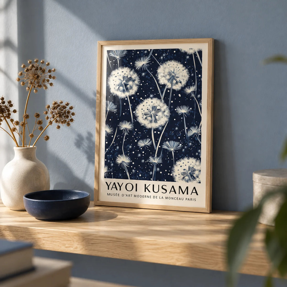 Living Room Prints, a small A4 framed print leaning on a pale oak shelf