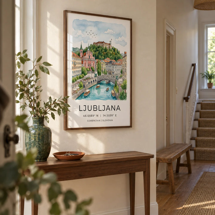 Ljubljana Art Print, framed on the wall of a characterful hallway in a British townhouse with pale cream walls and warm timber flooring