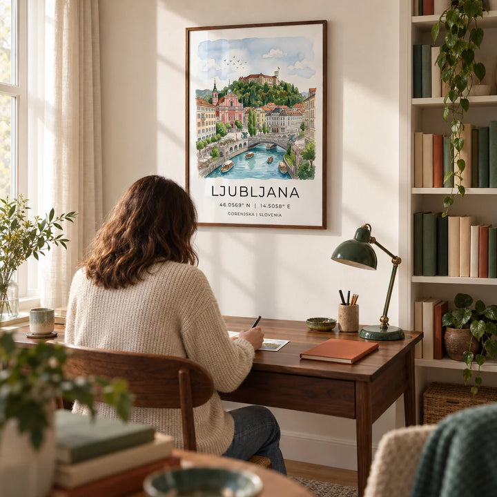 Ljubljana Art Print, framed on the wall of a quiet home study in a UK flat with warm white walls and a fitted bookcase of books with plain unlettered spines