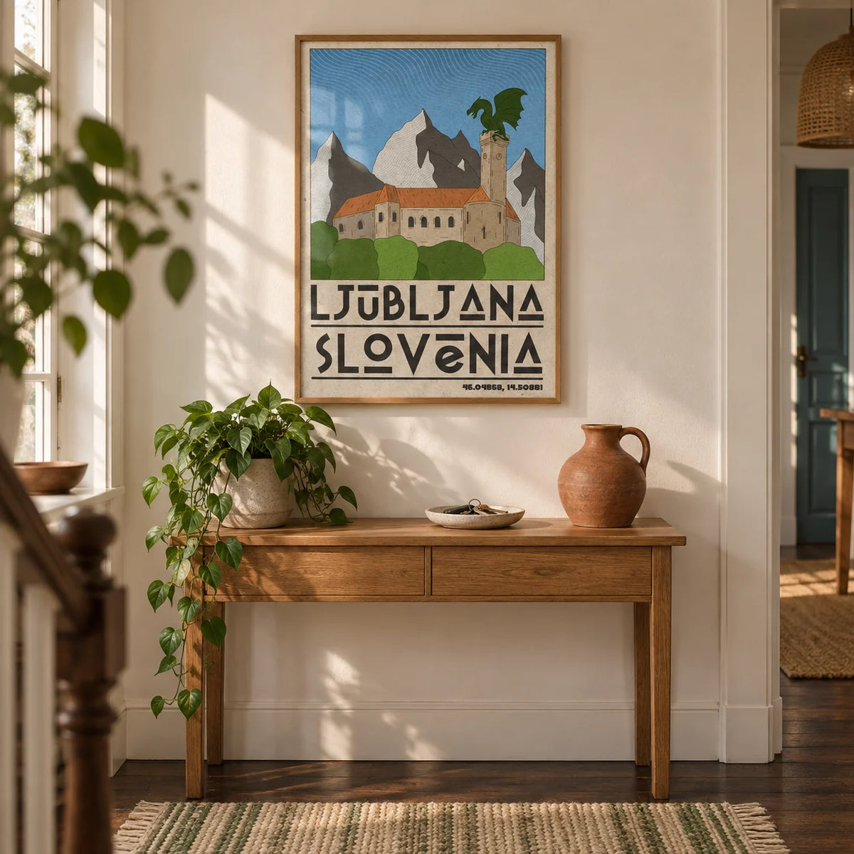 Ljubljana Slovenia Art Print, framed on the wall of a characterful hallway with a warm white wall