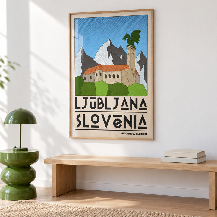 Ljubljana Slovenia Art Print shown in a colourful minimalist room (frame not included)