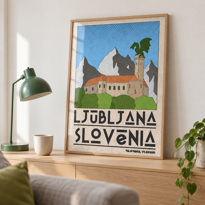 Ljubljana Slovenia Art Print shown in a living room, leaning on an oak console (frame not included)
