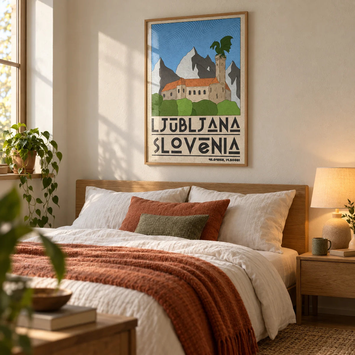 Ljubljana Slovenia Art Print, framed on the wall of a cosy bedroom