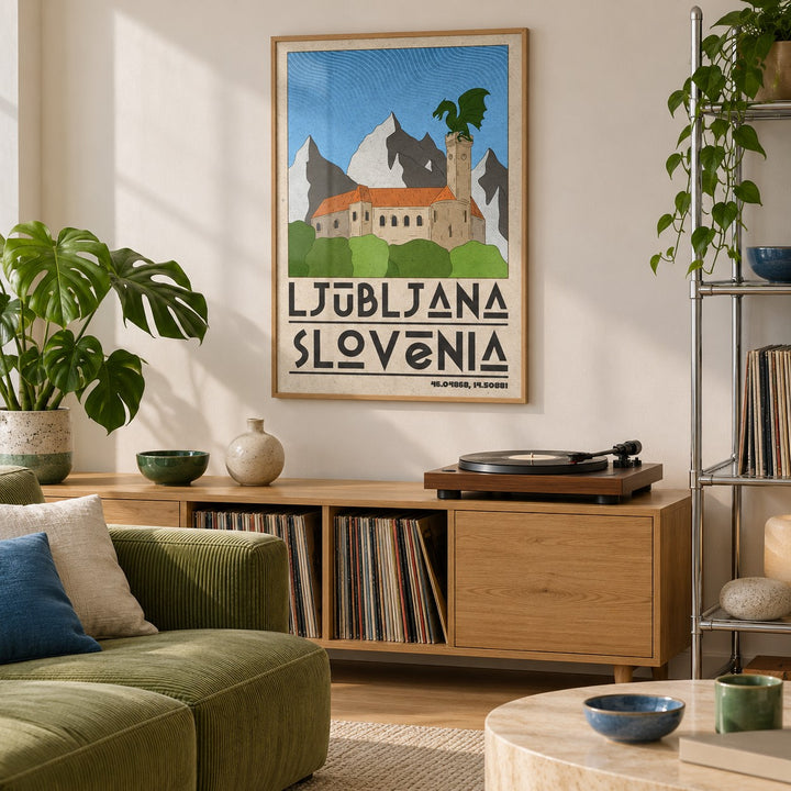 Ljubljana Slovenia Art Print shown in a creative city apartment (frame not included)