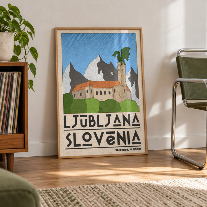 Ljubljana Slovenia Art Print shown in a living room, leaning on the floor by a chrome chair (frame not included)