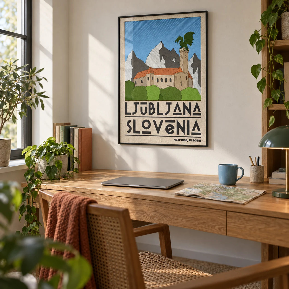 Ljubljana Slovenia Art Print, framed on the wall of a home office