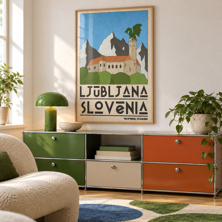 Ljubljana Slovenia Art Print shown in a playful retro modern room (frame not included)