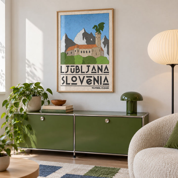 Ljubljana Slovenia Art Print shown in a calm reading corner (frame not included)