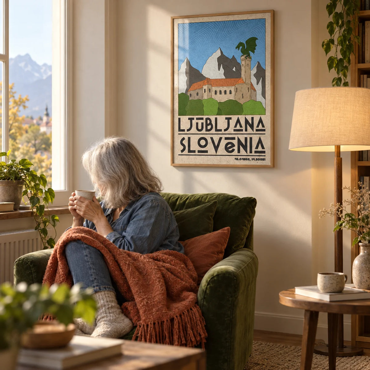 Ljubljana Slovenia Art Print, framed on the wall of a reading nook by a window in a living room