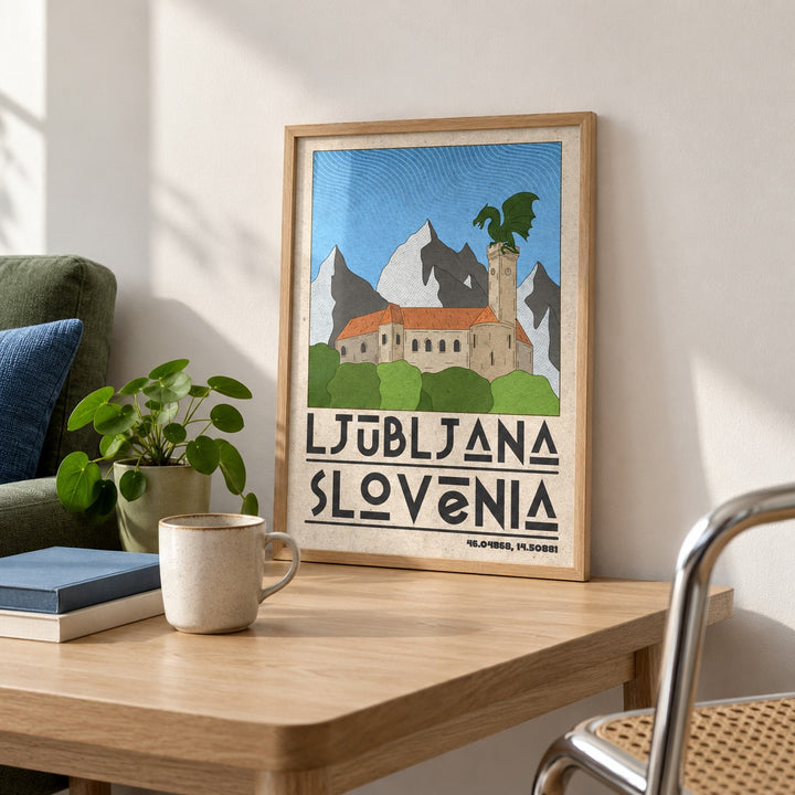 Ljubljana Slovenia Art Print shown in the small A4 size on a side table (frame not included)