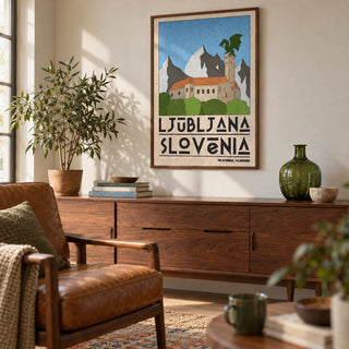 Ljubljana Slovenia Art Print, framed on the wall of a warm characterful living room