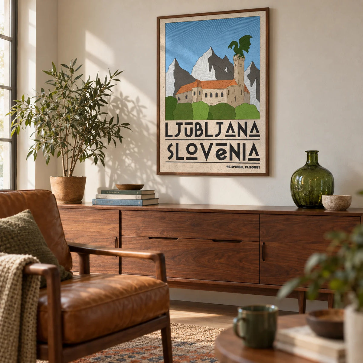 Ljubljana Slovenia Art Print, framed on the wall of a warm characterful living room