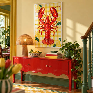 Lobster and Lemons Print, framed on the wall of a colourful hallway