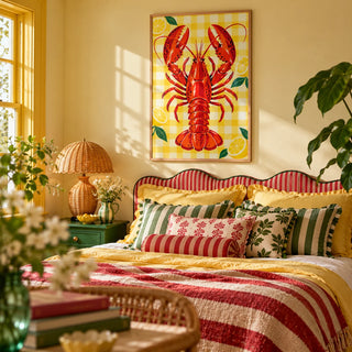 Lobster and Lemons Print, framed on the wall of a dopamine bedroom