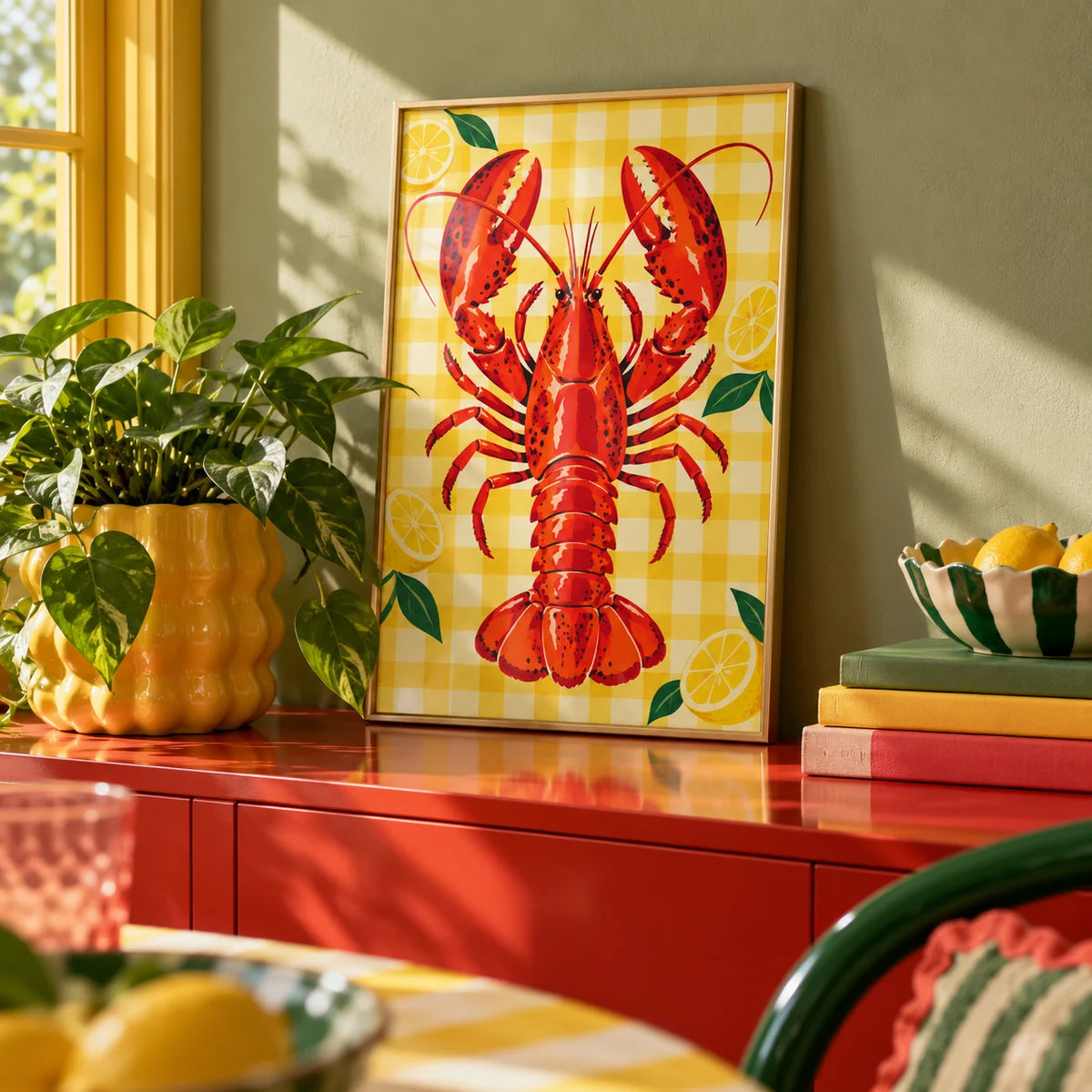 Lobster and Lemons Print, a small A4 framed print leaning on a colourful lacquered shelf in a living room