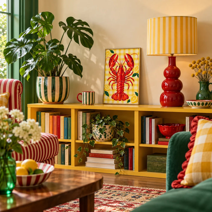 Lobster and Lemons Print, a small A4 framed print leaning on a low bookshelf in a living room