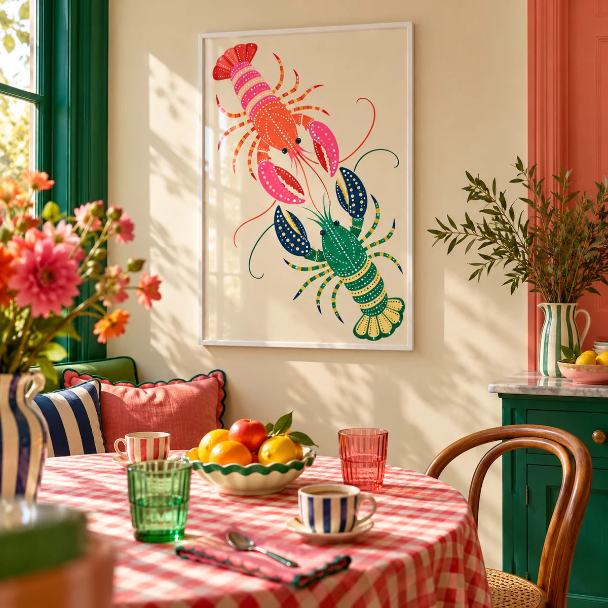 Lobster Wall Art, framed on the wall of a bright breakfast nook in a kitchen
