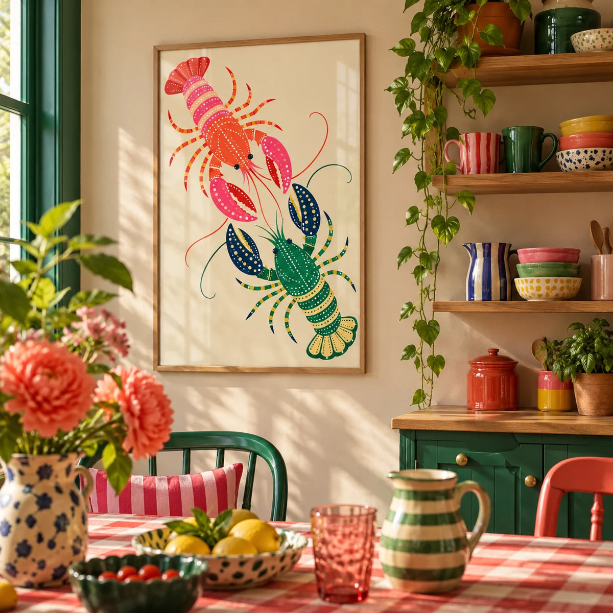 Lobster Wall Art, framed on the wall of a fun kitchen corner