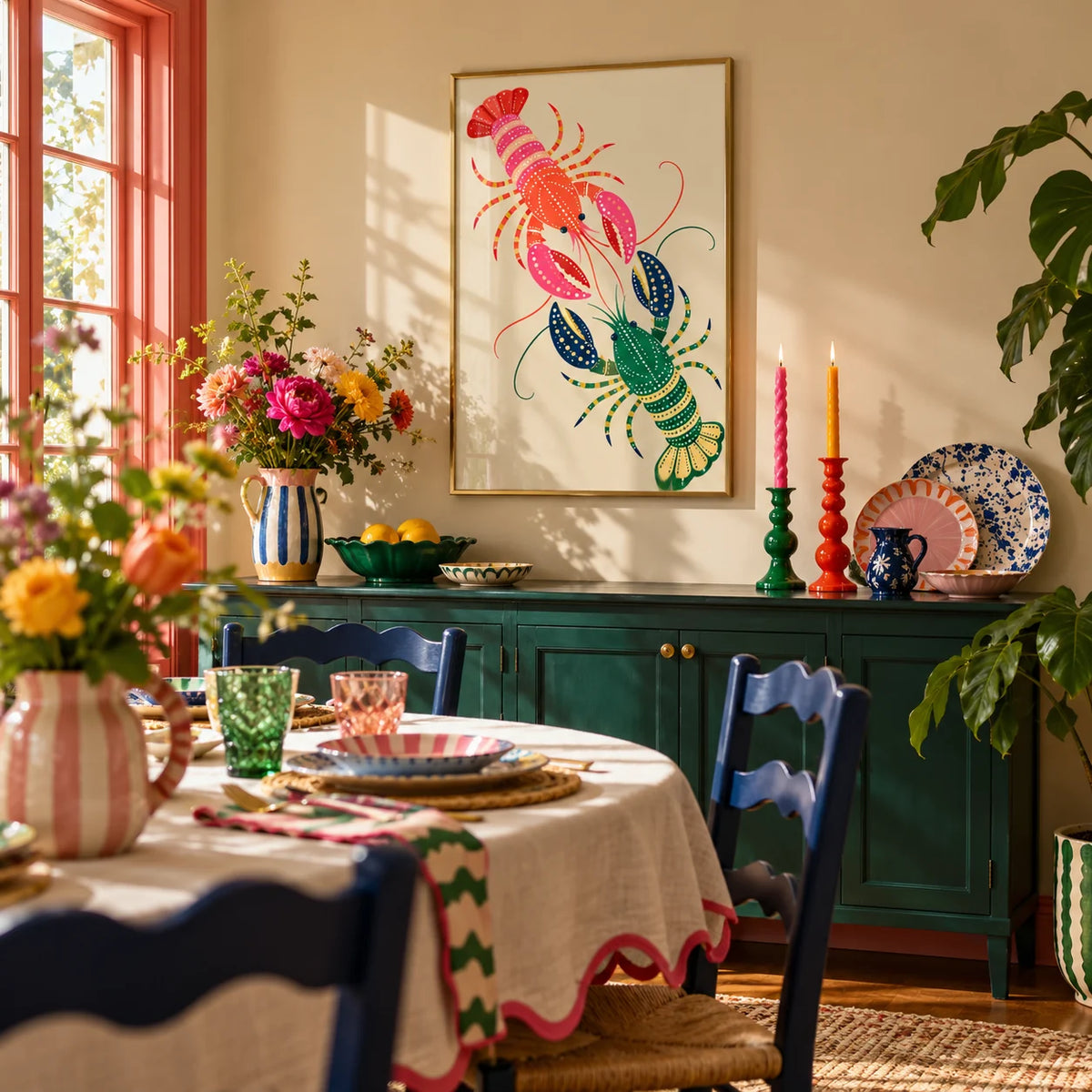 Lobster Wall Art, framed on the wall of a maximalist dining room