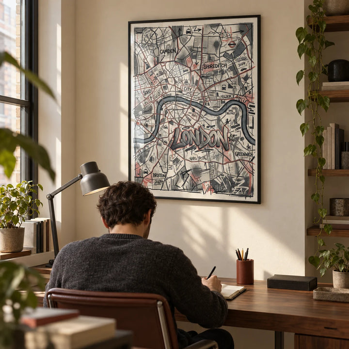 London City Map Wall Art, framed on the wall of a compact home study for a city professional aged 25-40 with a warm beige wall and simple fitted shelving