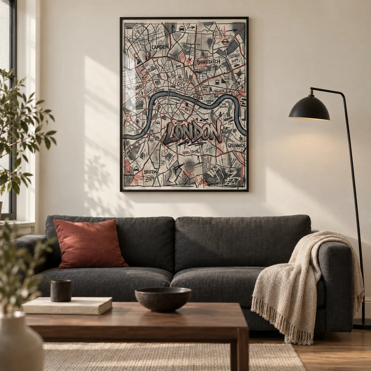 London City Map Wall Art, framed on the wall of a design-led living room in a London flat with warm off-white walls