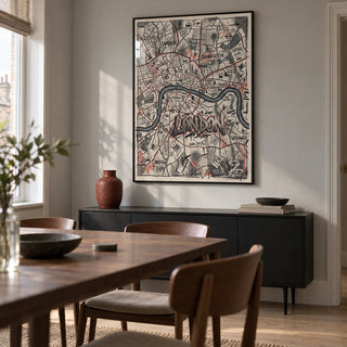 London City Map Wall Art, framed on the wall of a modern dining room in a modest UK flat with a soft grey wall and pale timber flooring