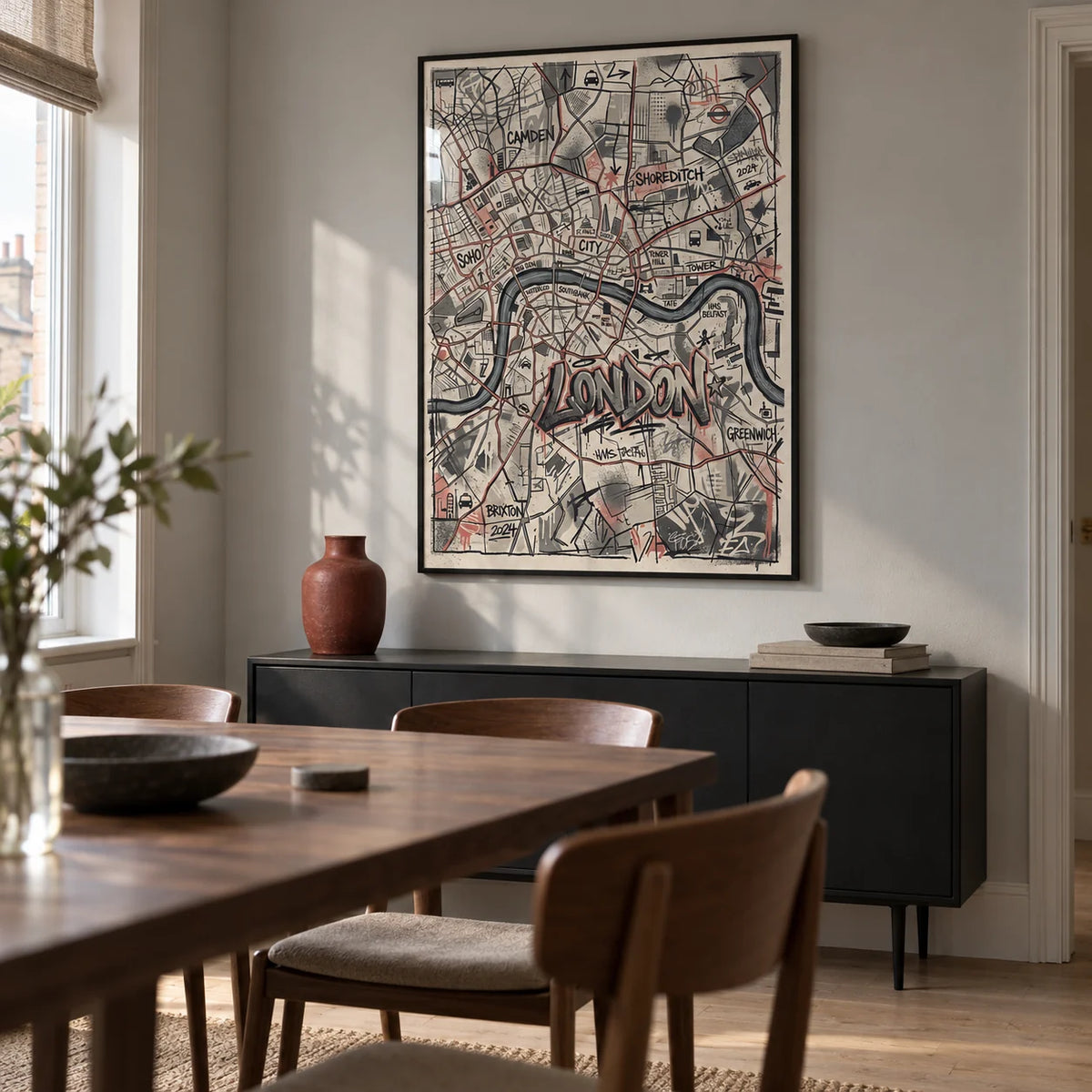London City Map Wall Art, framed on the wall of a modern dining room in a modest UK flat with a soft grey wall and pale timber flooring