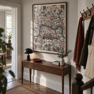 London City Map Wall Art, framed on the wall of a narrow hallway in a renovated UK terrace with pale grey walls and original timber floorboards
