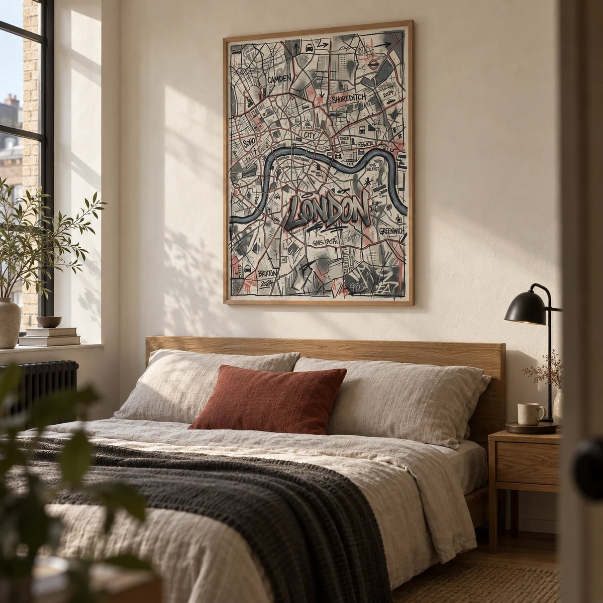 London City Map Wall Art, framed on the wall of a pared-back adult bedroom in a converted London flat with a warm white plaster wall and a black metal bedside lamp